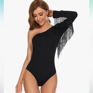 American Trends Women's Fringe Trim One Shoulder Long Sleeve Bodysuit Tank Top